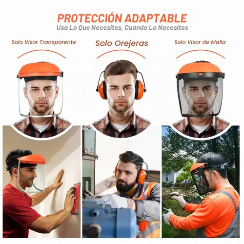 Vista 3 de Escudo facial de seguridad con combinación de protección auditiva, viene con malla y visera transparente para moler carpintería