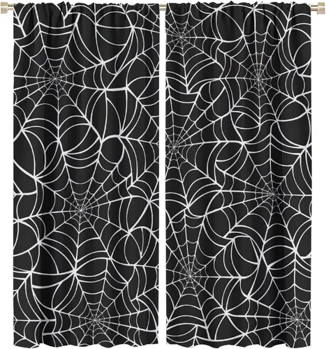 Vista 97 de Cortinas opacas de tela de araña aterradora para niños, tela de araña en blanco y negro, fondo rojo, dormitorio de niños, guardería, decoración