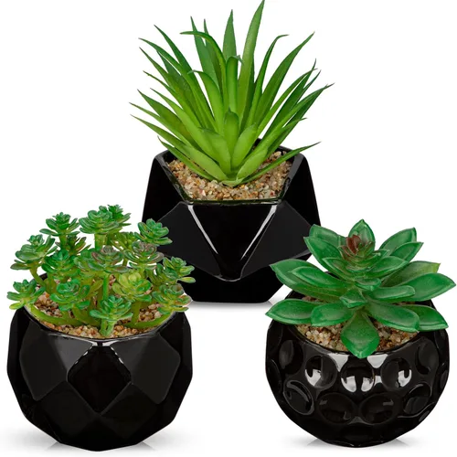 Vista 11 de Briful Plantas suculentas artificiales en maceta de cerámica, suculentas falsas con macetas negras, decoración moderna de escritorio para el hogar