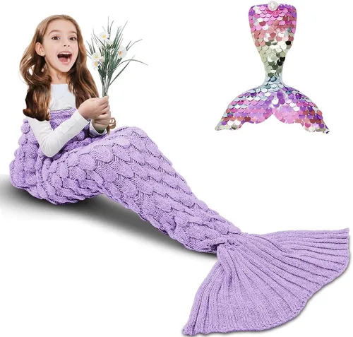Vista 18 de AmyHomie Manta de cola de sirena, manta suave para niños, saco de dormir de sirena de ganchillo, regalo de sirena para niñas