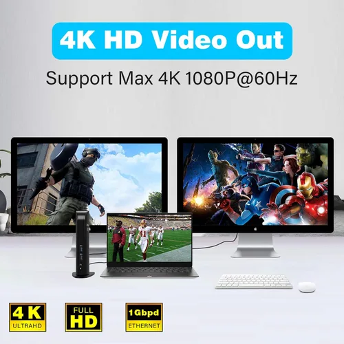 Vista 12 de Estación de acoplamiento universal USB 3.0 de doble pantalla 4K, pantalla de monitor de video dual con HDMI dual 4K x 2K a 60 Hz, Gigabit Ethernet