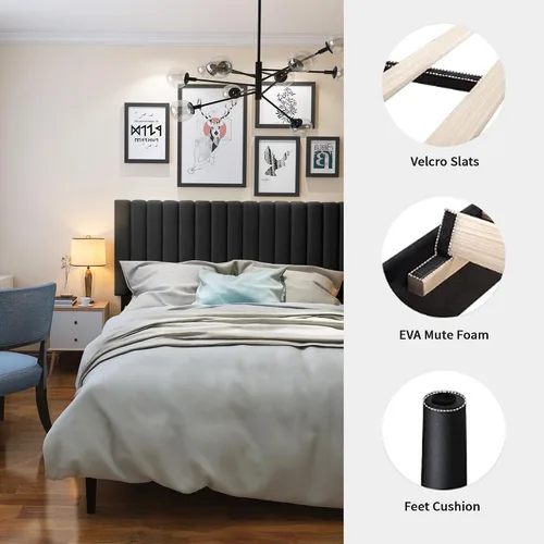 Vista 5 de Base de cama de plataforma de terciopelo de tamaño matrimonial con cabecera tapizada, listones de madera resistentes, no requiere resortes, fácil
