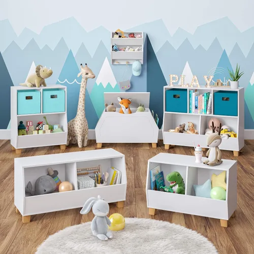 Vista 4 de RiverRidge Estantería para niños, organizador de almacenamiento de juguetes con 2 cubos y espaciosa papelera, organizador de juguetes blanco