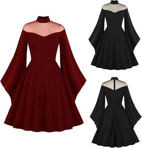 Vista 2 de Vestido retro gótico de Halloween de malla de manga larga vestido negro Emo vestido de noche de bola