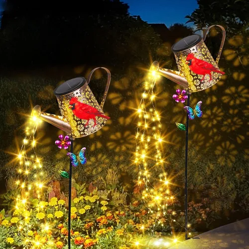 Vista 4 de Luces solares para exteriores decorativas, luces de riego solar de metal de 39.4' con cardenal rojo, estaca impermeable para jardín, césped, patio
