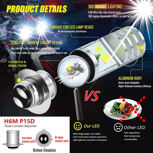Vista 3 de 2 piezas 9-48V Bombillas LED para ATV, luz baja azul hielo, luz alta blanca H6M P15D para motocicleta, Yamaha, ATVS YFM350 450 400 660 700 Raptor.