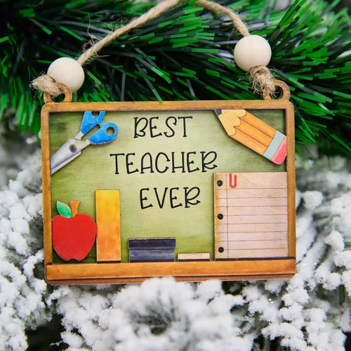 Vista 6 de Mejor Adorno de Tiza para Profesor 4 Pulgadas – Adorno Colgante de Madera en Capas, Suministros Escolares, Decoración, Regalo para Educador