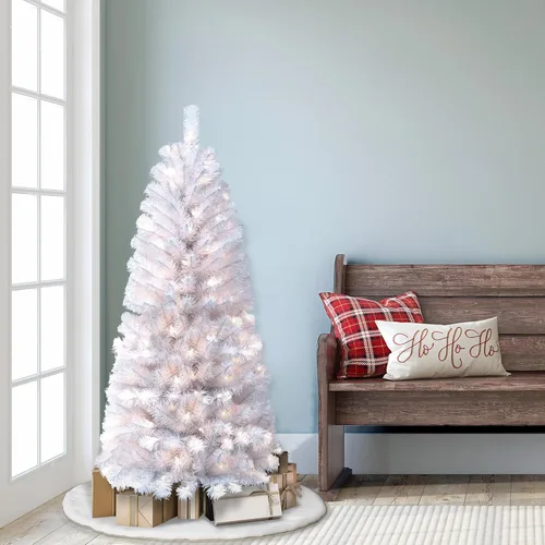Vista 3 de Puleo International Árbol de Navidad artificial preiluminado de 4.5 pies con 150 luces, color blanco