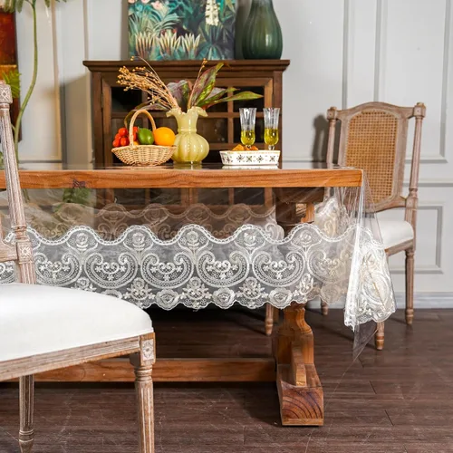 Vista 6 de ARTABLE Mantel rectangular de vinilo de PVC, impermeable, transparente, con borde de macramé de encaje champán, para boda, cocina, hogar