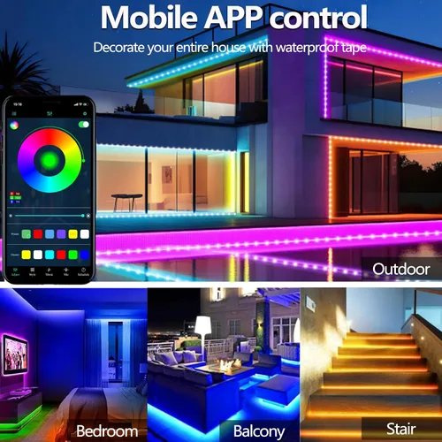 Vista 2 de Tira de luces LED de 16.4 pies IP68 impermeable para exteriores, alimentación por USB de 5 V, sincronización de música, Bluetooth APP/RF, luces