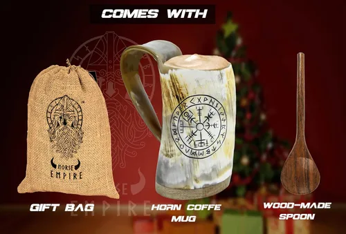 Vista 5 de Taza de Cuerno Vikingo - 100% Auténtica 355ml - Taza Única Hecha a Mano de Cuerno de Buey Vikingo Nórdico para Bebidas Calientes y Frías - Regalo