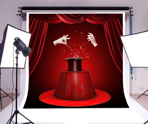 Vista 3 de Yeele Fondo de espectáculo mágico de 10 x 10 pies para fotografía, cortina roja de circo, guantes blancos, sombrero negro, fondo de teatro, mago