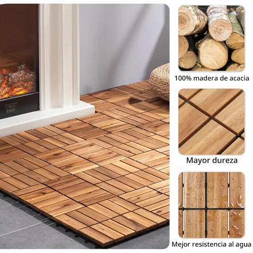 Vista 4 de Yaheetech - 27 piezas de madera de acacia, baldosas de terraza entrelazadas con superficie antideslizante, pisos impermeables de fácil colocación