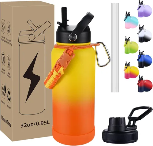 Vista 10 de Botella de Agua Aislada, botellas de agua de boca ancha de acero inoxidable de 32 onzas con 2 tapas a prueba de fugas y mango de paracord, botella