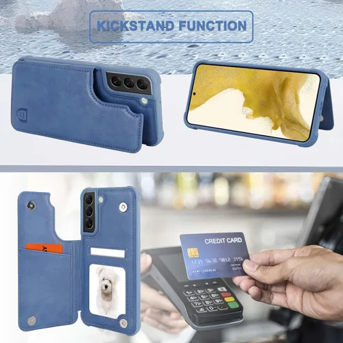 Vista 5 de VANAVAGY Funda tipo cartera compatible con Galaxy S22 con soporte para tarjetas de bloqueo RFID, piel sintética, cierre magnético, función atril