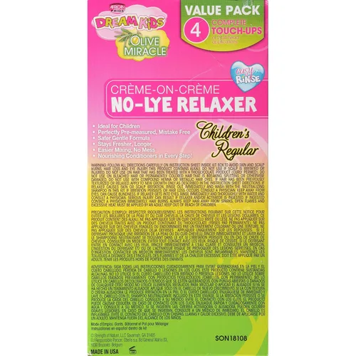 Vista 2 de African Pride Dream Kids Olive Miracle (4) Kit relajante de retoque regular, ayuda a fortalecer y proteger el cabello, contiene aceite de oliva