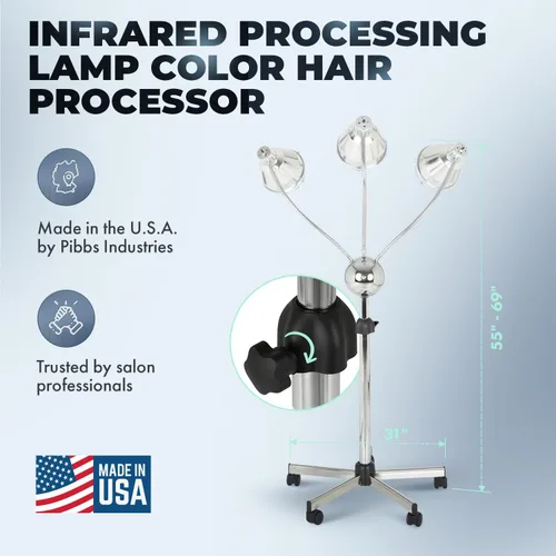 Vista 4 de Pibbs TL931 Lámpara de procesamiento de color de cabello infrarrojo – Secador infrarrojo ajustable de 3 cabezales con brazos cromados flexibles