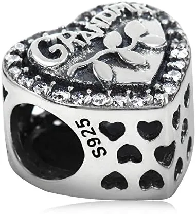 Vista 4 de Abalorio de plata de ley 925 con forma de corazón para mujer, con dije de amor a la abuela, Plata esterlina