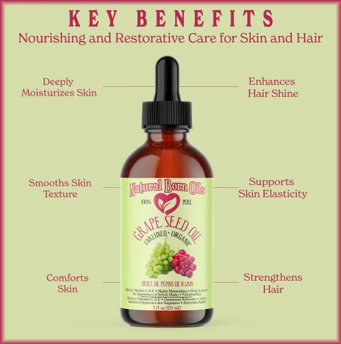 Vista 5 de Aceite de semilla de uva, 16oz, Orgánico, Prensado en frío, Denso en nutrientes, Nutrición profunda de la piel, Revitalización del cabello, Natural