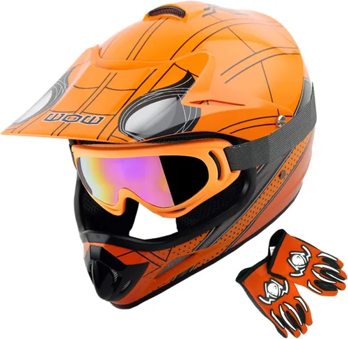 Vista 21 de WOW Casco de motocross BMX MX ATV para niños y jóvenes, casco Dianosour Dragon + gafas + guante marciano juvenil: paquete HJOY MG