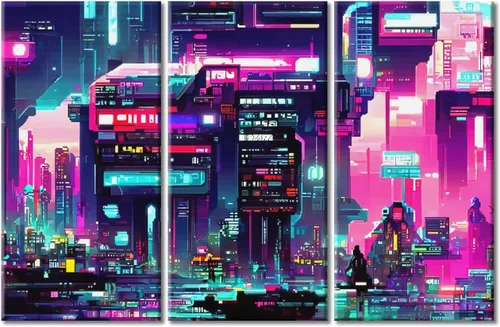 Vista 76 de Arte de pared de 3 piezas de escena de ciencia ficción de la calle comercial futurista paisaje urbano, decoración de pared para dormitorio