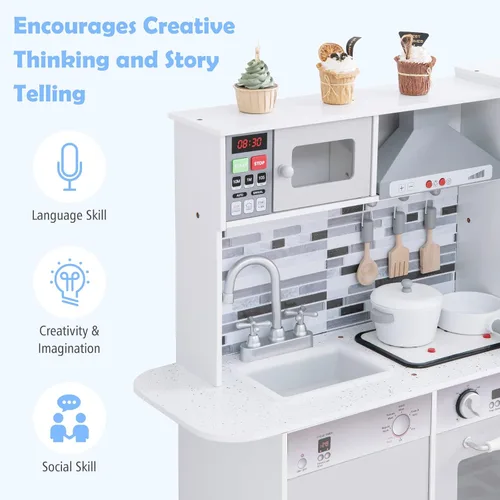 Vista 8 de INFANS Juego de cocina para niños, juego de cocina de madera con luz y sonido realistas, estufa, fregadero, microondas, armario de almacenamiento