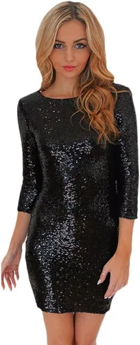 Vista 3 de Vestido de fiesta para mujer, manga 34, cuello en V, lentejuelas, brillante, glamuroso, vestido de fiesta, cóctel, con purpurina, entallado, boda