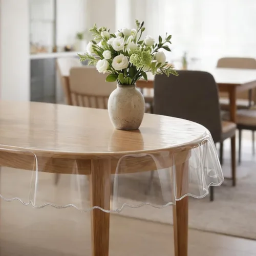 Vista 2 de MeritMode Mantel de Vinilo Ovalado Transparente, Mantel Transparente Cubierta Transparente Impermeable Protector de Mesa Ovalado Diseño de Borde