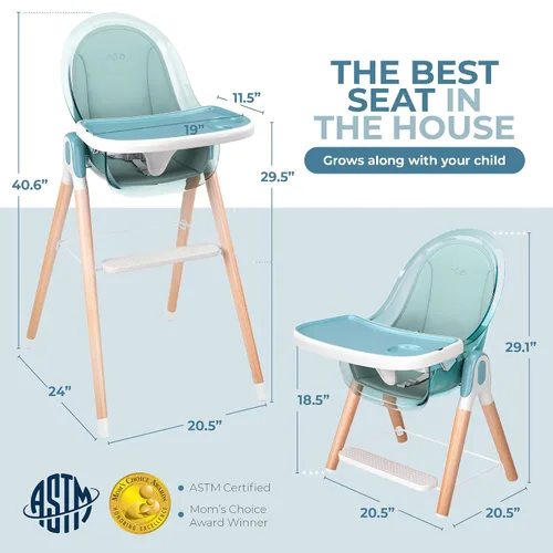 Vista 5 de Silla alta de madera de lujo 6 en 1 para bebés y niños pequeños, moderna, segura y compacta, fácil de limpiar y montar, bandeja y cojín extraíbles