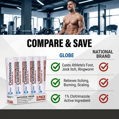 Vista 3 de Paquete de (5) Globe Crema antifúngica con clotrimazol 1% (1 oz) Alivia la picazón, ardor, agrietamiento y descamación asociados con infecciones