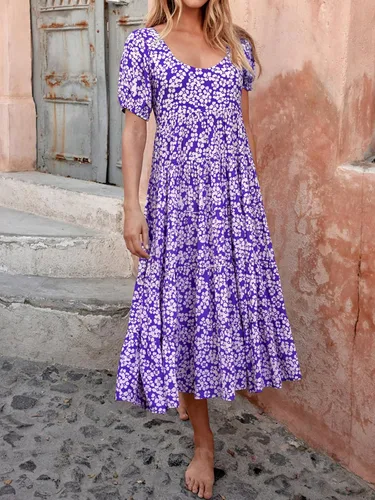 Vista 3 de PRETTYGARDEN Vestidos de verano para mujer, manga abombada, floral, casual, vestidos de verano fruncidos, sin espalda, para playa, vestido largo