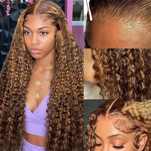 Vista 15 de Pelucas de cabello humano con encaje frontal lacio HD transparentes de 13 x 4, color degradado Ombre, onda profunda de 4/27, pelucas de encaje