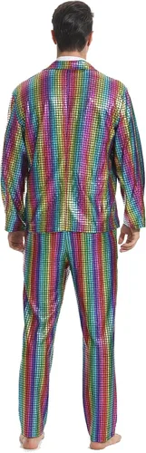 Vista 3 de Conjunto de disfraz de discoteca para hombre, traje de lentejuelas brillantes y pantalones, chaqueta metálica, trajes de Halloween