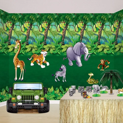 Vista 2 de Beistle Accesorios de animales de la selva: decoraciones de pared con temática de safari grande con diseños de jirafa, tigre, elefante, cebra, mono