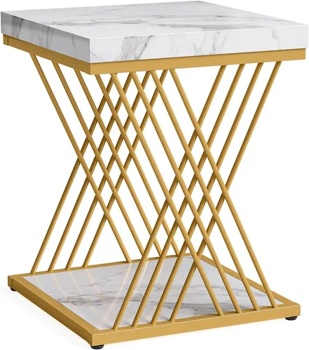 Vista 9 de Tribesigns Mesa auxiliar cuadrada de oro blanco, mesa auxiliar de 2 niveles, moderna y pequeña, con almacenamiento para sofá, sillas con marco