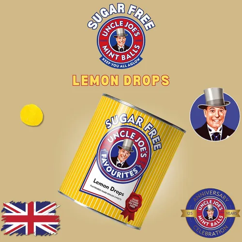 Vista 3 de Uncle Joe's Gotas de limón sin azúcar Dulces duros con sabor Caramelo para regar la boca Dulce británico antiguo Ideal para boca seca