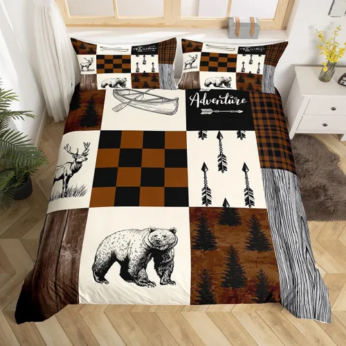 Vista 10 de Funda de edredón de cabaña marrón retro, juego de ropa de cama de retazos con diseño de oso del bosque, ciervos para cabaña rústica, funda de Multi
