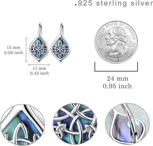 Vista 4 de Aretes de nudo de bruja celta de plata de ley 925, aretes de bruja de concha de abulón, aretes celtas con nudo de bruja, regalos de joyería