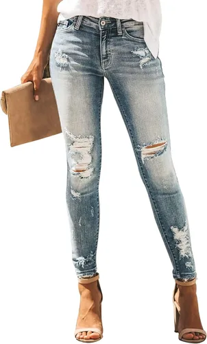 Vista 2 de KUNMI Pantalones de mezclilla elásticos rasgados y desgastados para mujer