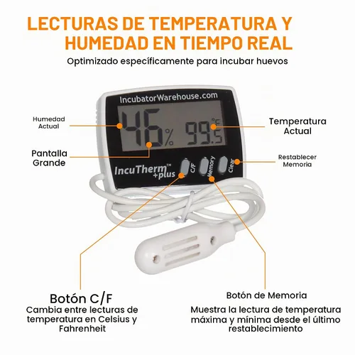 Vista 2 de IncuTherm™ Plus Termómetro digital e higrómetro para incubadora de huevos - Pantalla digital grande con memoria mínima/máxima - Sonda remota - Lee