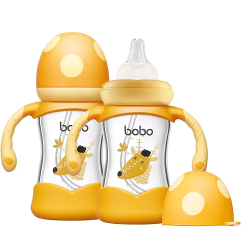 Vista 10 de YOHKOH Biberón de vidrio natural con pezón de respuesta natural, biberones de cuello ancho con asa, juego de biberones anticólicos para recién Azul