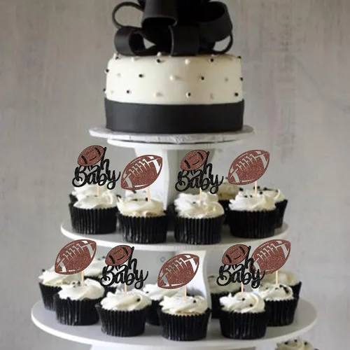 Vista 3 de Oh Baby - Juego de 24 adornos para cupcakes de fútbol americano con purpurina para decoración de cupcakes de fútbol americano para superrugby