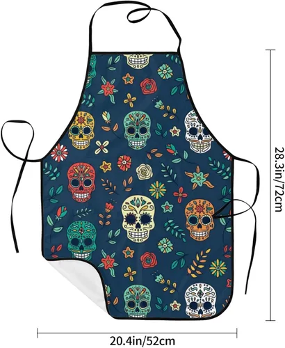 Vista 4 de Delantal de calavera de azúcar, delantales de cocina para hombres y mujeres, delantal de cocina, delantal de chef, delantales de jardín ajustables
