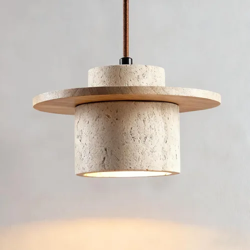 Vista 10 de Lámpara colgante japonesa Wabi sabi con pantalla de piedra natural, lámpara colgante de madera moderna regulable, lámpara colgante de altura