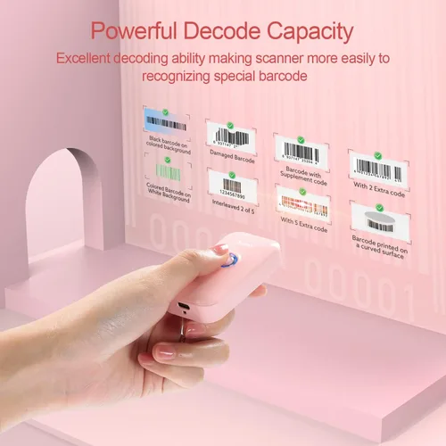 Vista 7 de Eyoyo - Mini escáner de código de barras Bluetooth portátil 1D inalámbrico, color rosa