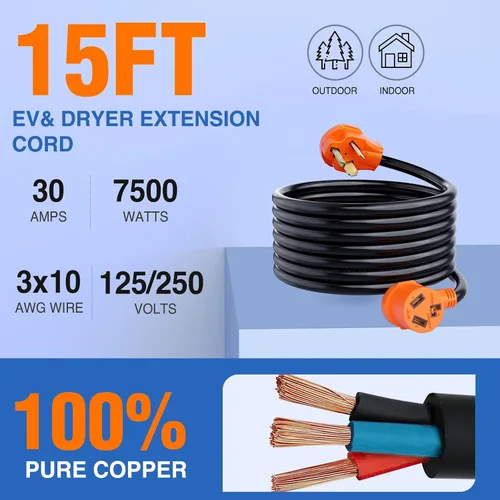 Vista 2 de Nilight Cable de Extensión para Secadora EV de 15 Pies 3 Clavijas 30 Amperios NEMA 10-30P 10-30R Cable de Extensiones Antiguas Servicio Pesado