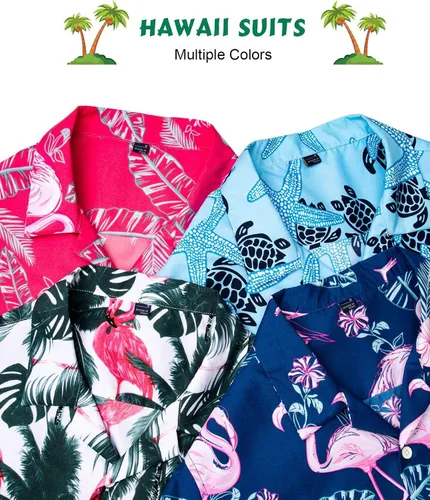 Vista 6 de J.VER - Conjunto de camisa hawaiana para hombre, estilo informal, con botones y manga corta, con shorts estampados, conjunto hawaiano tropical