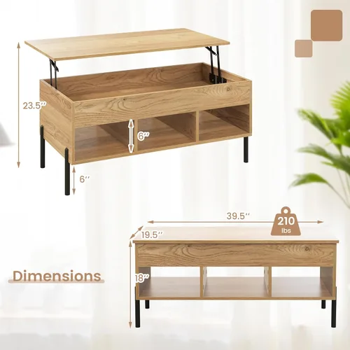 Vista 2 de Giantex Mesa auxiliar elevable, mesa rectangular de madera con compartimento oculto y estantes de almacenamiento abiertos, mesa central moderna