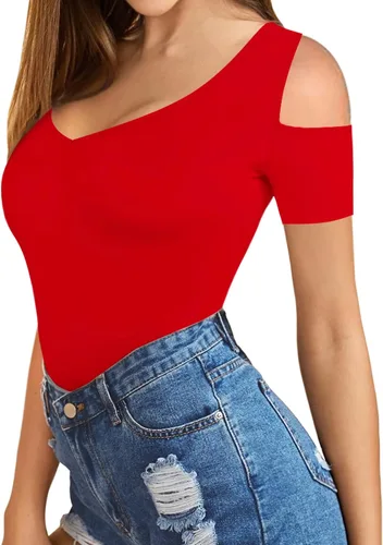 Vista 2 de HERLOLLYCHIPS Camisetas de verano para mujer, cuello en V profundo, manga corta, hombros descubiertos, ajustadas, casuales, sexys