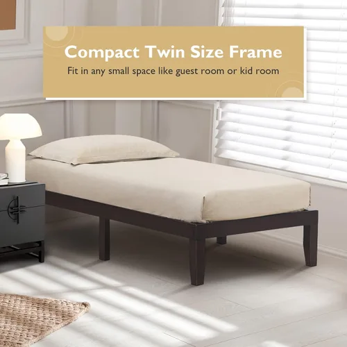 Vista 7 de COSTWAY Base de cama de plataforma de tamaño individual, base de colchón de madera de goma maciza de 14 pulgadas con soporte de listones